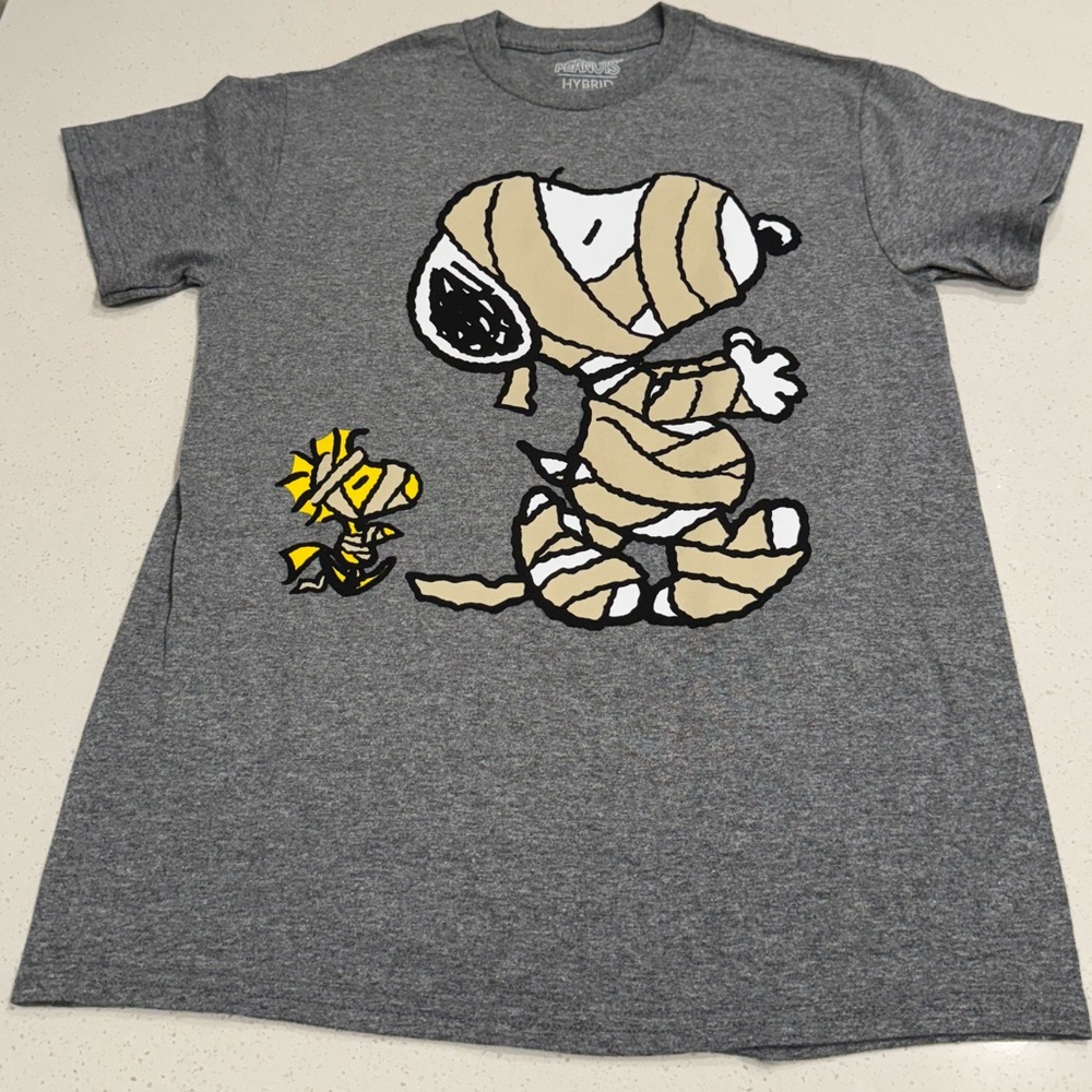 NWOT Peanuts Snoopy & Woodstock Mummy T-Shirt Small Heather Gray Flaw
